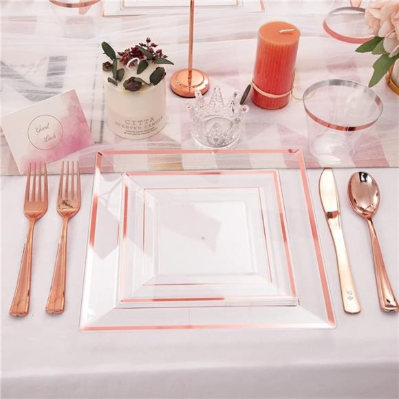 Dining 15 Pieces Rose Gold Square Plastic Plates With Silverware And